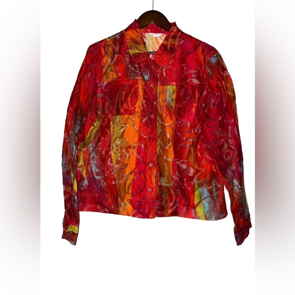 Erin‎ London Y2K Vibrant Red Floral Sheer Ethereal Blouse Women L Artsy